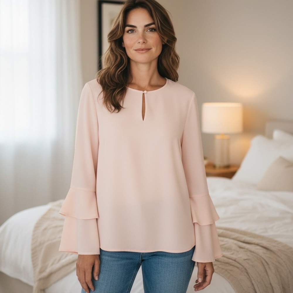 Cooper & Ella Pink Tiered Ruffled Bell Sleeve Blouse Size Med